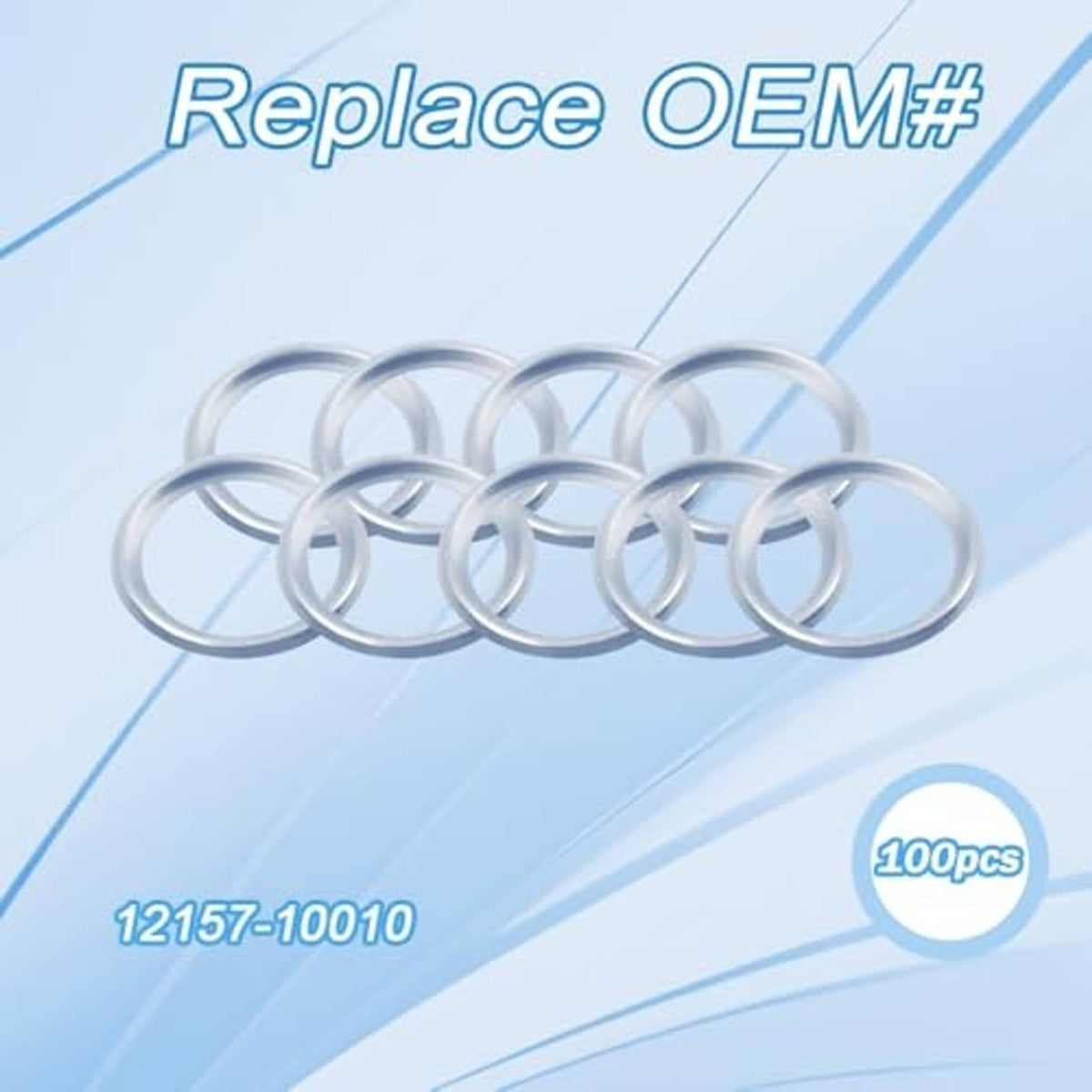 Oil drain plug gasket washers, silver crush seal rings laid out, 100 pcs