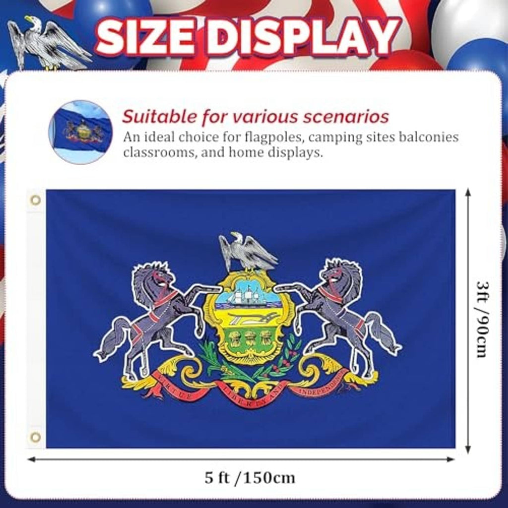 Blue embroidered Pennsylvania state flag with coat of arms and two horses, grommet corners