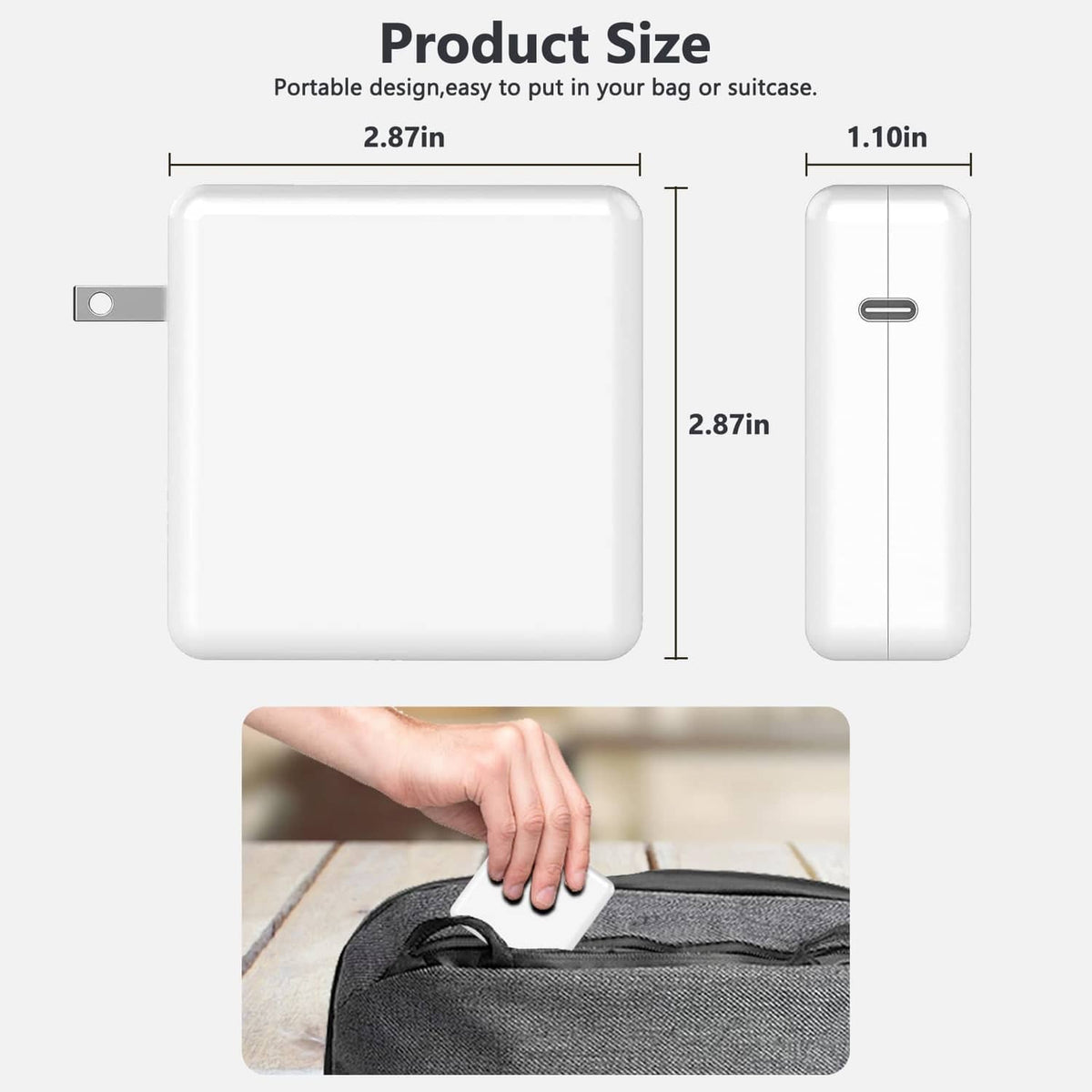 White USB-C power adapter size diagram with compact foldable plug