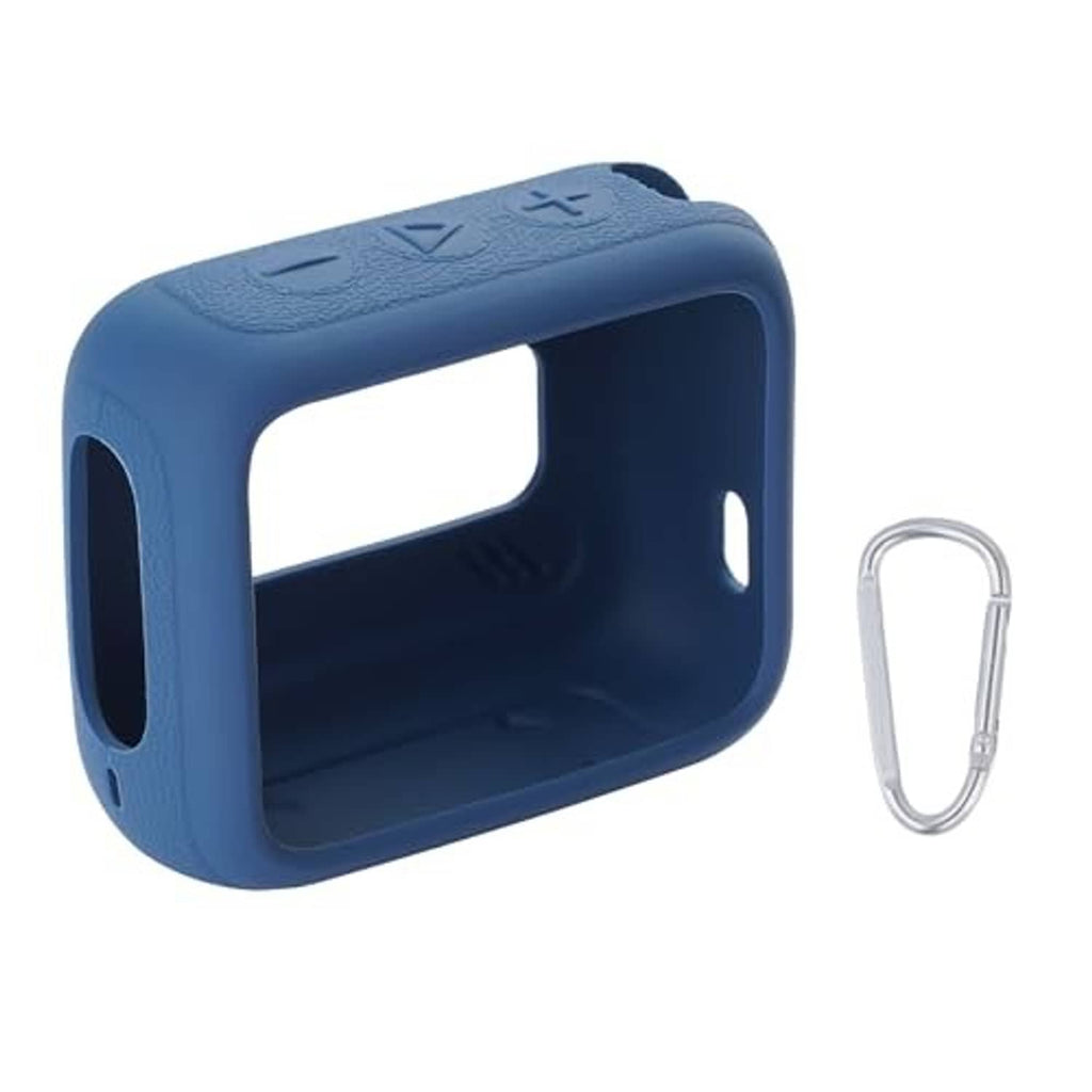 Blue silicone speaker case with front cutout, top grip, and carabiner clip