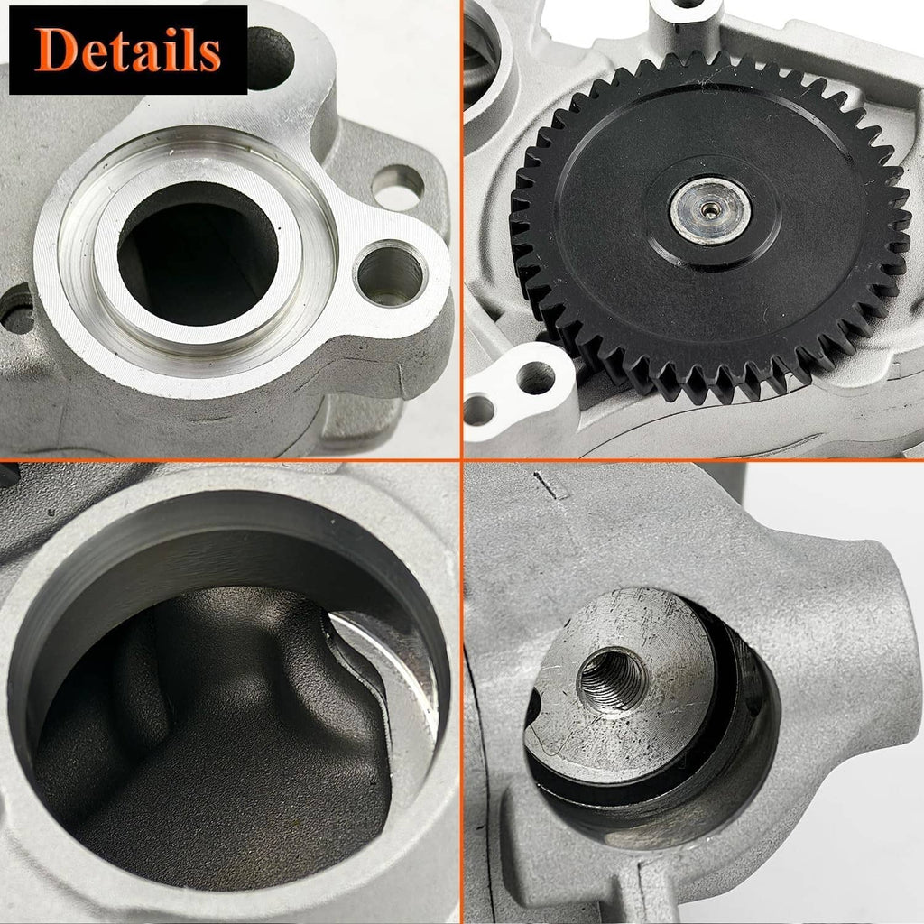 Engine oil pump close-up details of silver inlet housing ring and black gear wheel