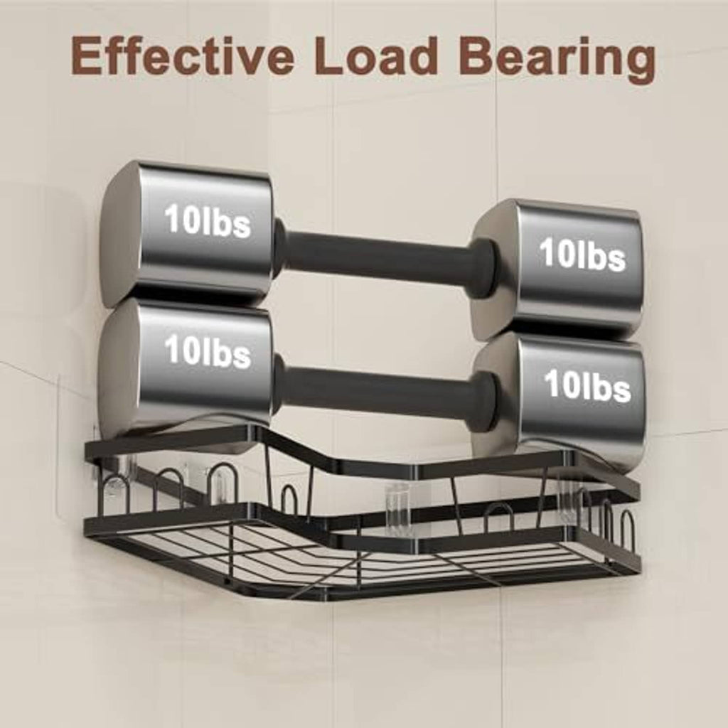 Corner shower caddy with black shelves and hook bars for heavy load bottles