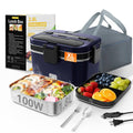 Blue electric lunch box with black lid, XL size, includes fork and spoon and cords.