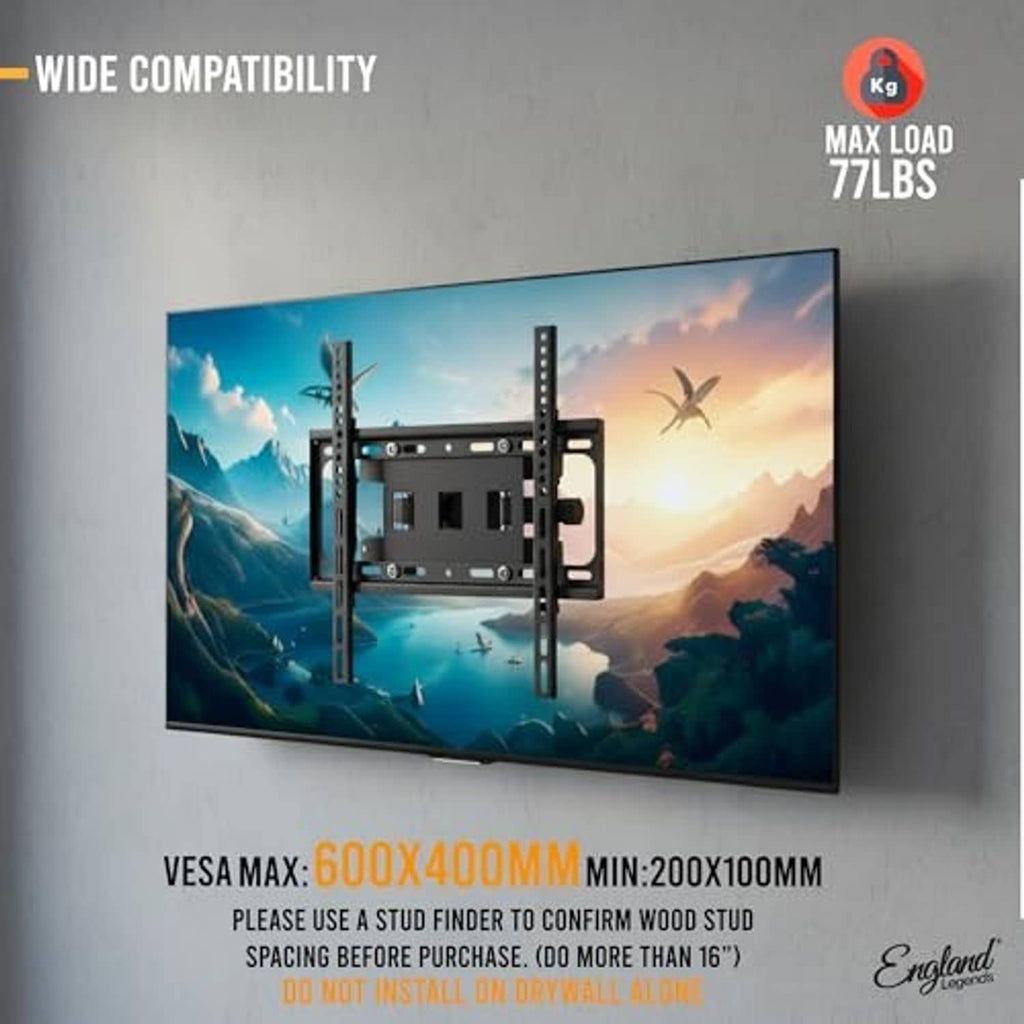 Full motion TV wall mount on wall with VESA mounting pattern and secure bracket arms