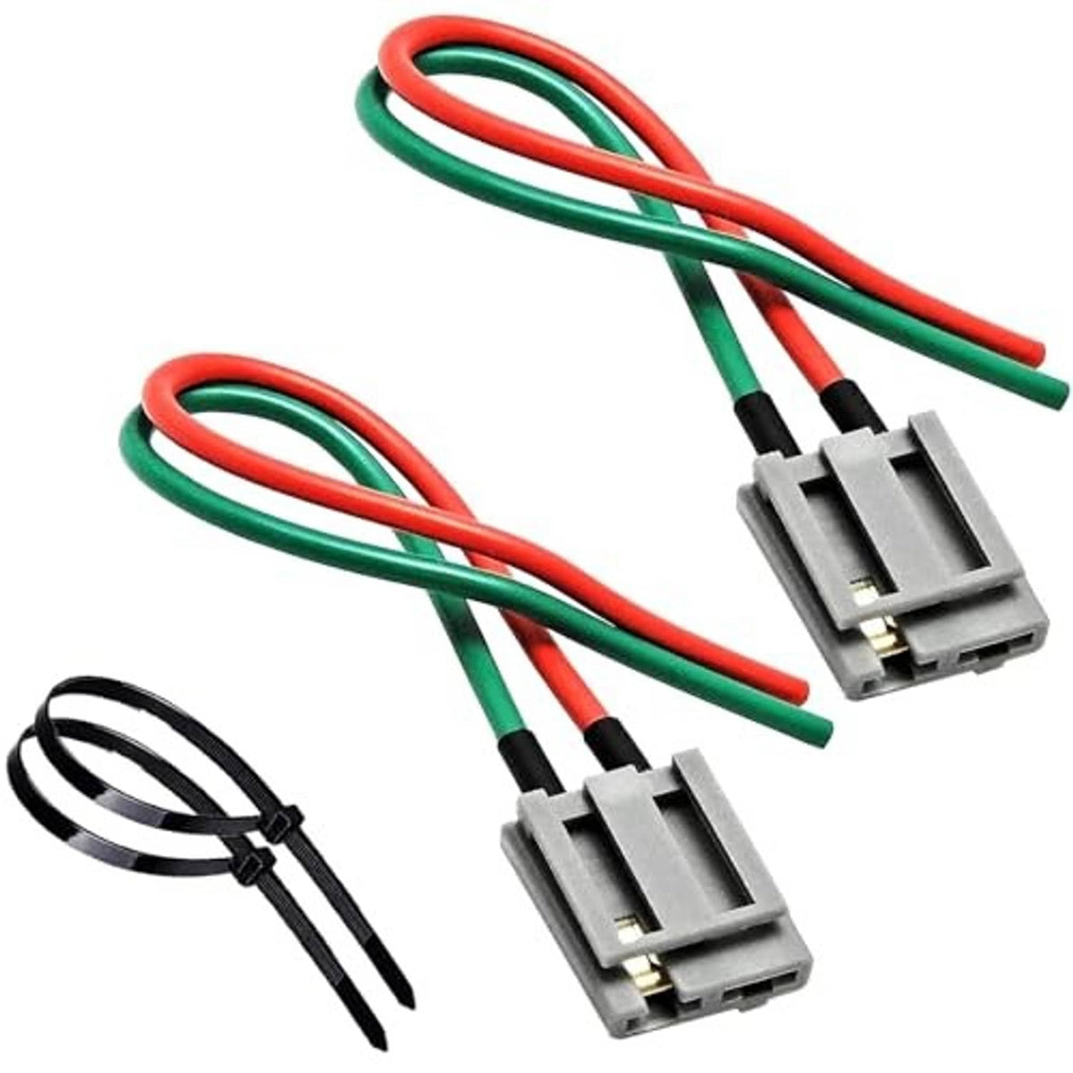 Wiring pigtail set with two gray connectors, red/green/black wires, and wire ties
