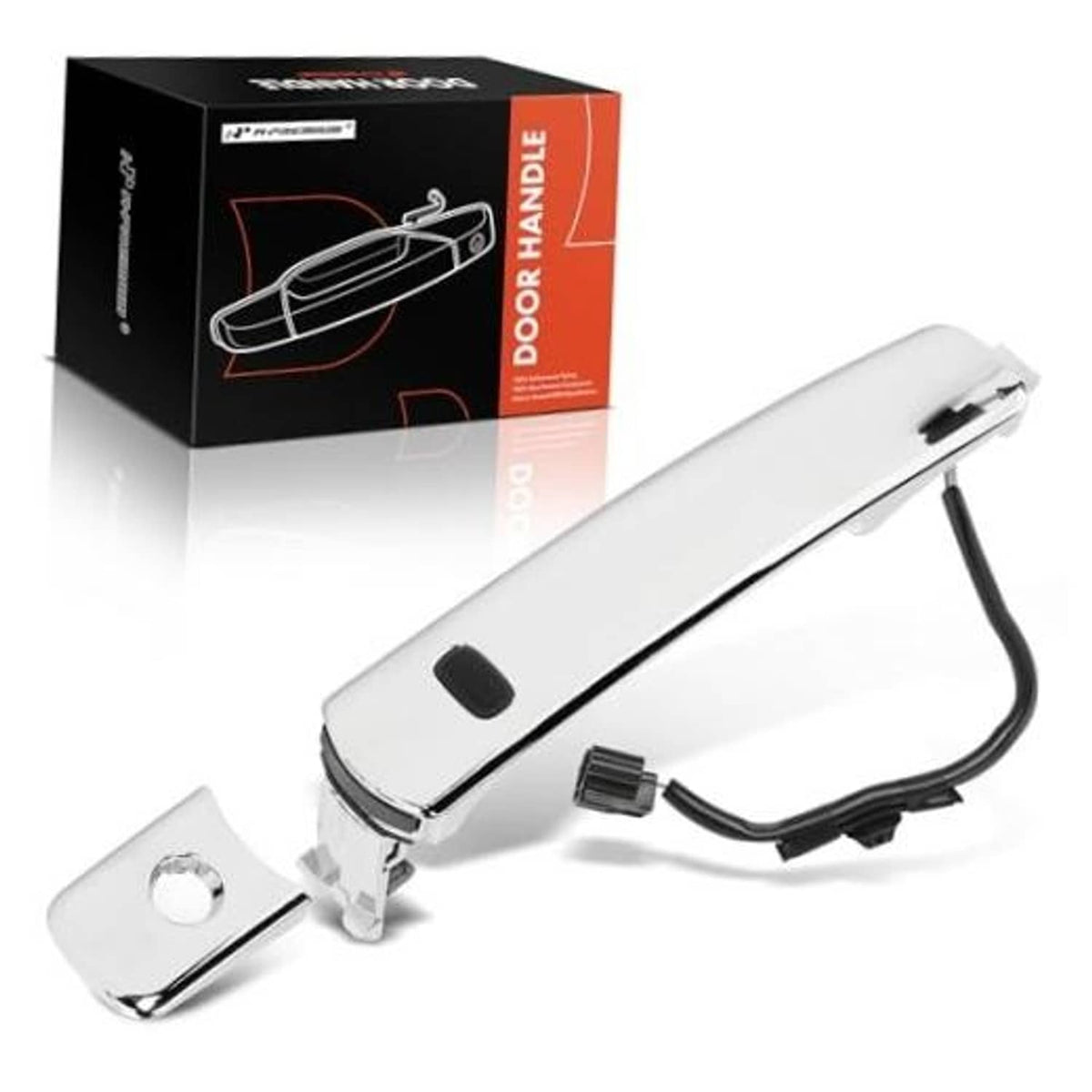 Front left exterior door handle, silver ABS with chrome accents and key lock hole