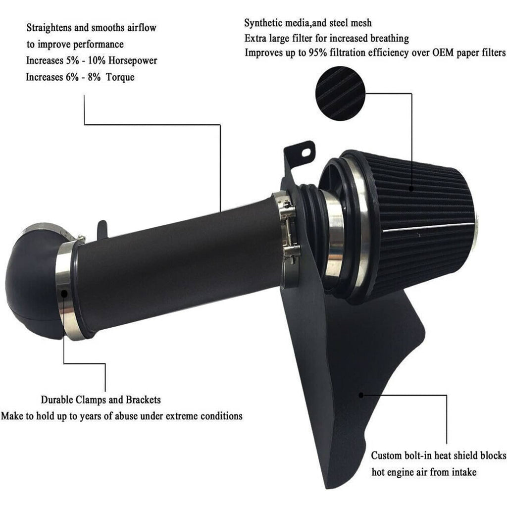 Cold air intake kit showing black intake tube and cone filter with mounting bracket