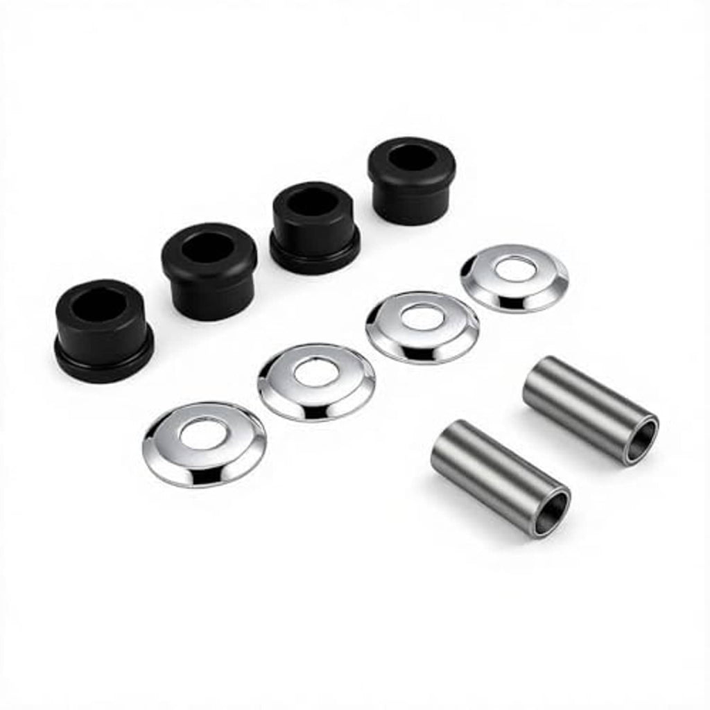 Motorcycle handlebar riser bushings kit: black bushings, chrome washers, and metal sleeves.
