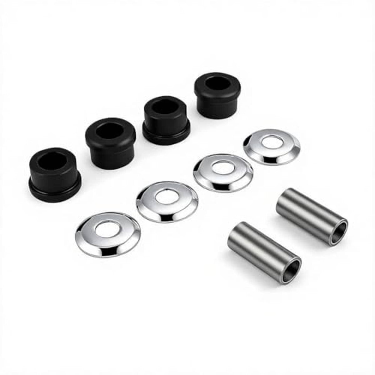 Motorcycle handlebar riser bushings kit: black bushings, chrome washers, and metal sleeves.