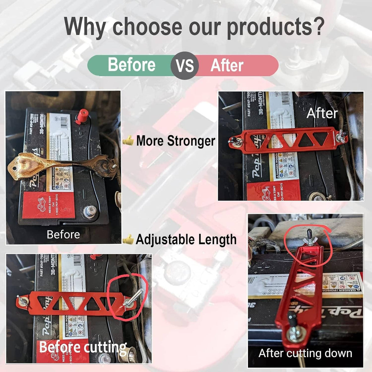 Battery tie-down bracket installation comparison collage, showing adjusted fit on a battery