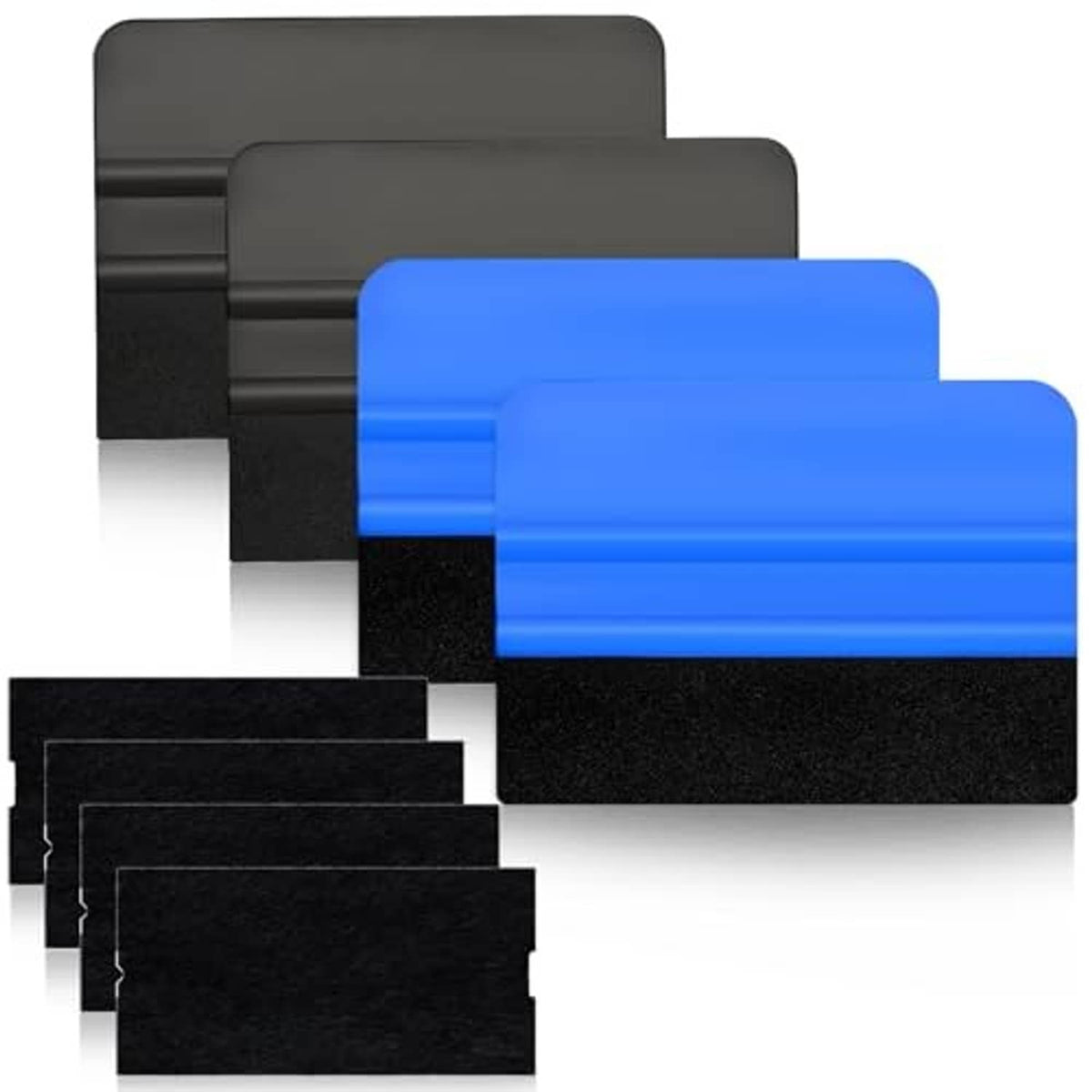 Set of felt-edge vinyl squeegee tools in blue and black, stacked for display