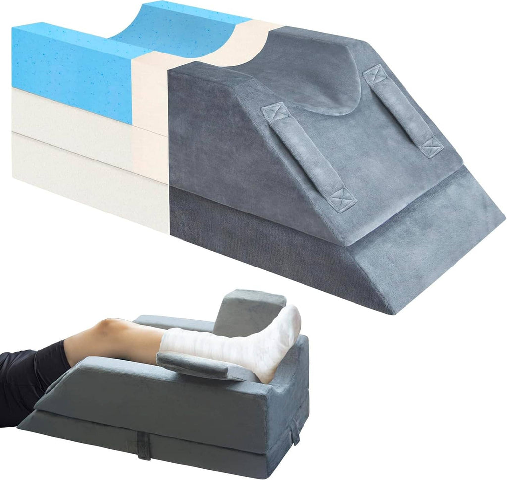Dark gray leg elevation pillow wedge with curved leg channel and carry handles