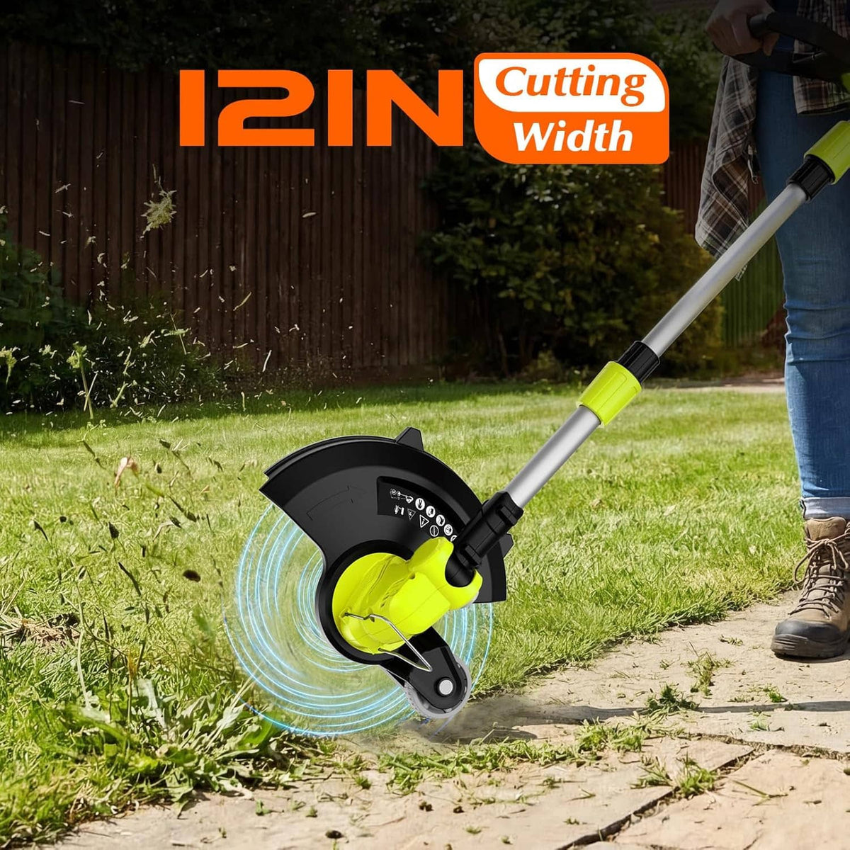 Cordless weed trimmer/edger cutting head with blue guard disc, trimming along a walkway