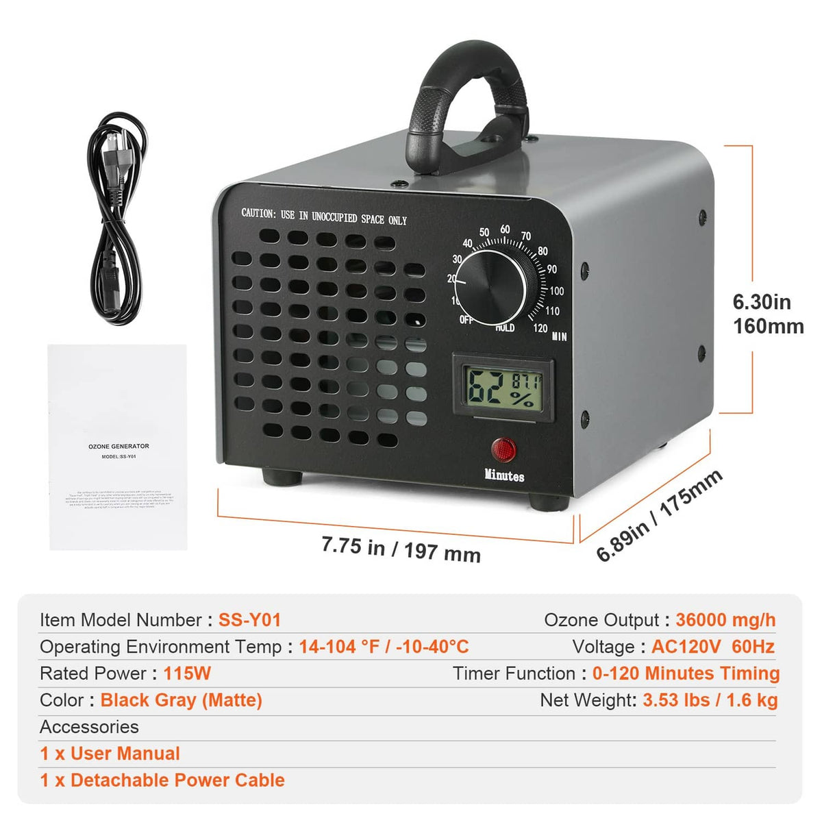 Compact ozone generator air purifier with handle, control knob, LCD display, and power cord.