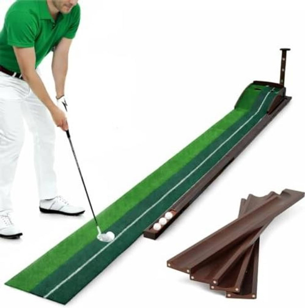Green indoor putting mat with alignment stripes, non-slip base, and target ramp with balls