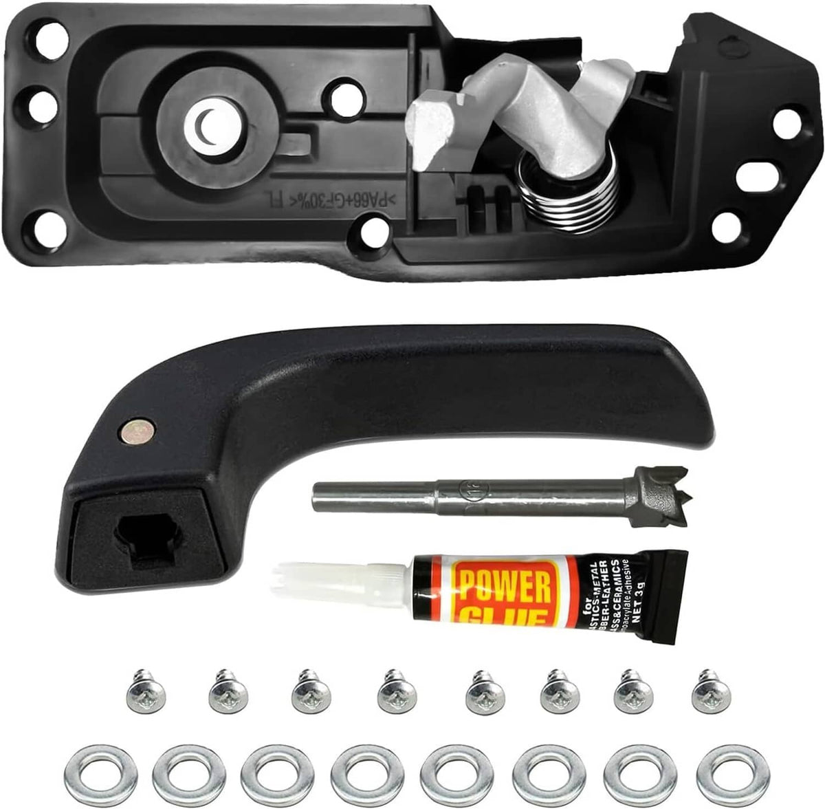 Inside door handle repair kit: black handle, latch, screws, washers, lubricant