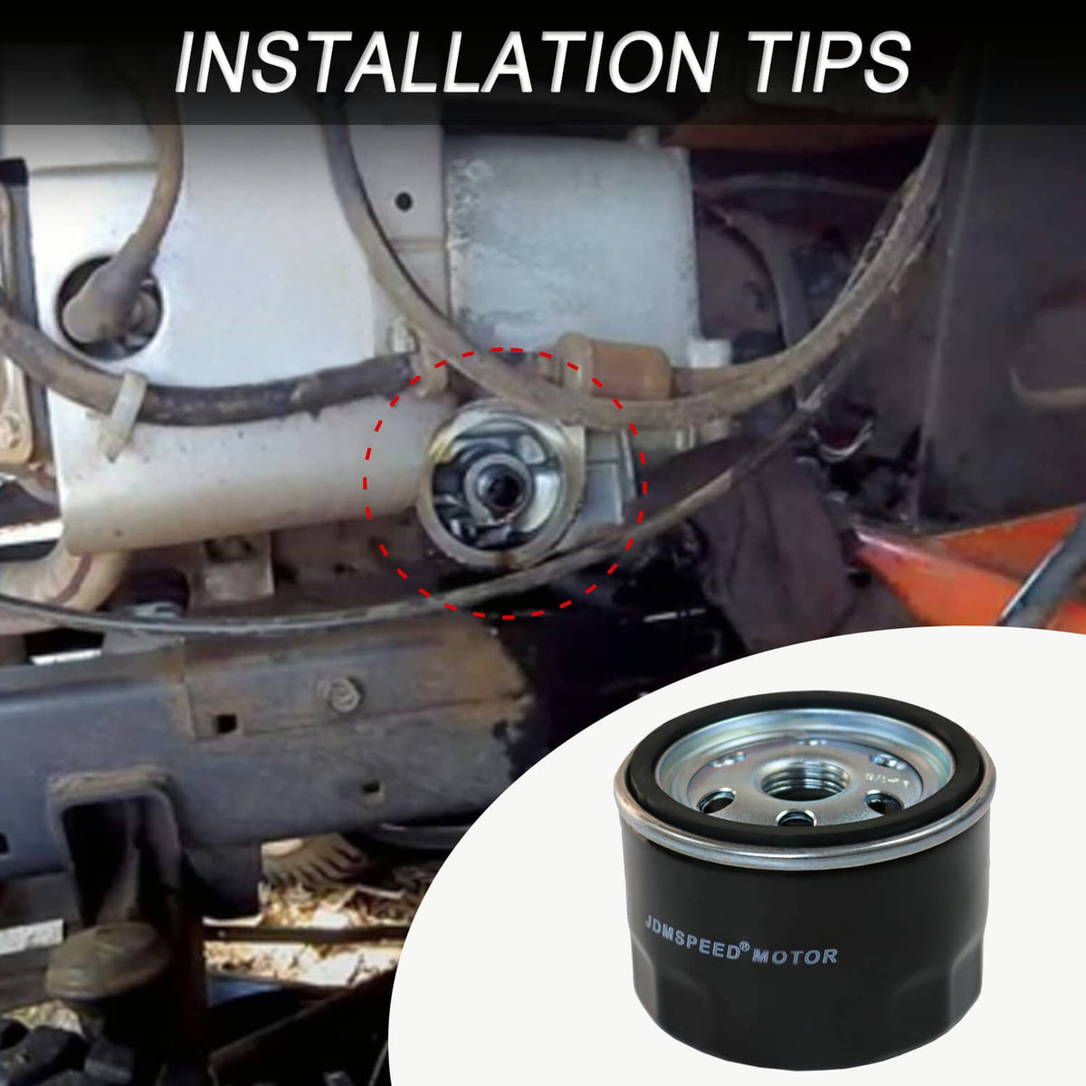 Black oil filter with silver metal top and center hole, shown for installation reference