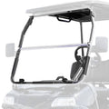Clear vented golf cart windshield with black brackets mounted on a cart
