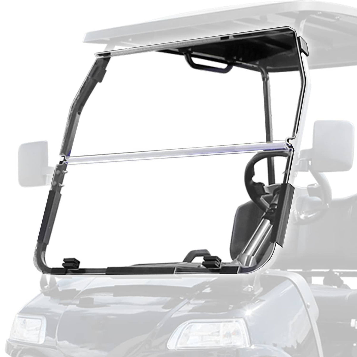 Clear vented golf cart windshield with black brackets mounted on a cart
