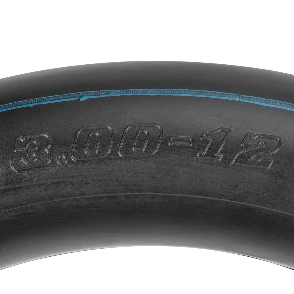 Close-up of embossed size marking on black dirt bike inner tube with blue stripe