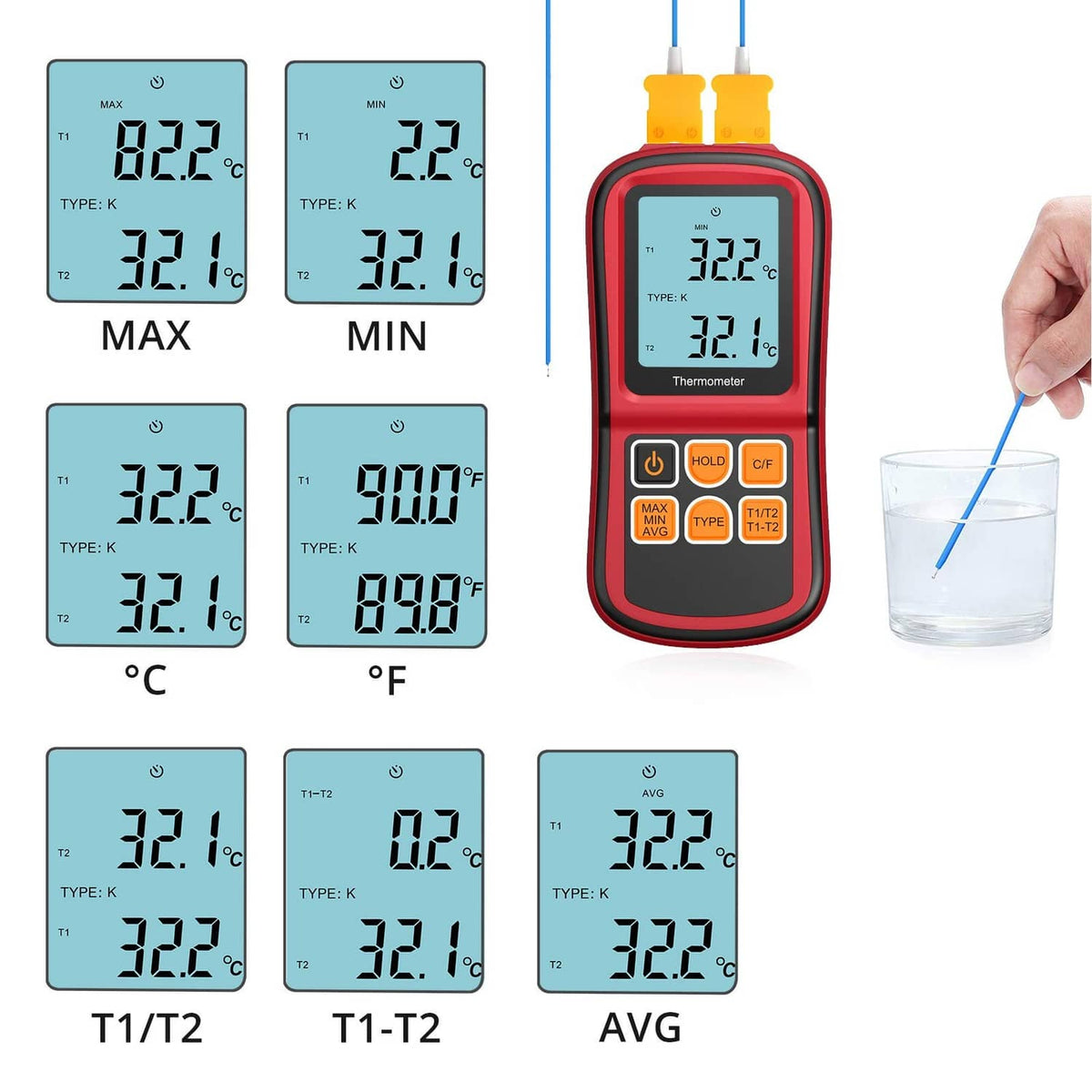Red dual-channel digital thermometer showing readings with two K-type thermocouple probes