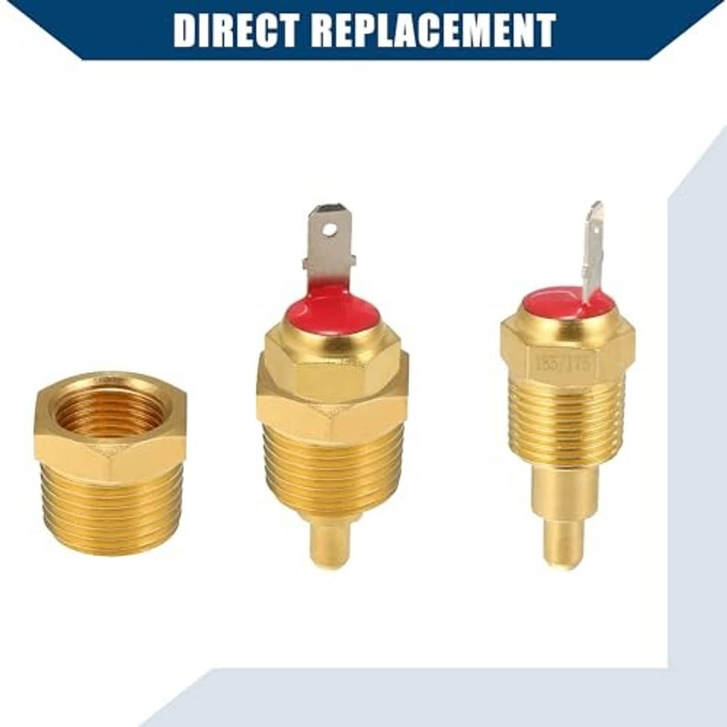 Brass temperature sensor switch pair with red caps and silver electrical terminals
