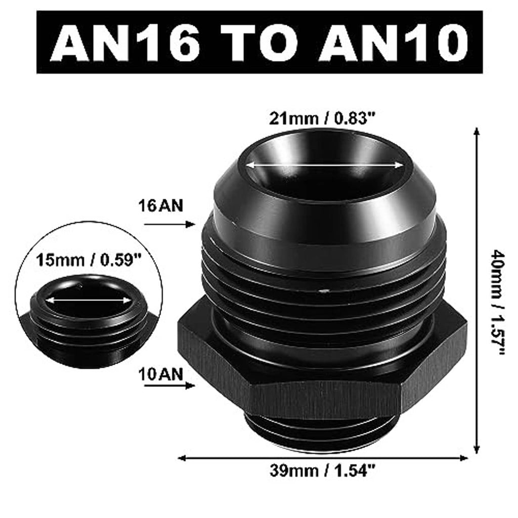 AN16 to AN10 male ORB O-ring fuel adapter, black anodized aluminum, hex