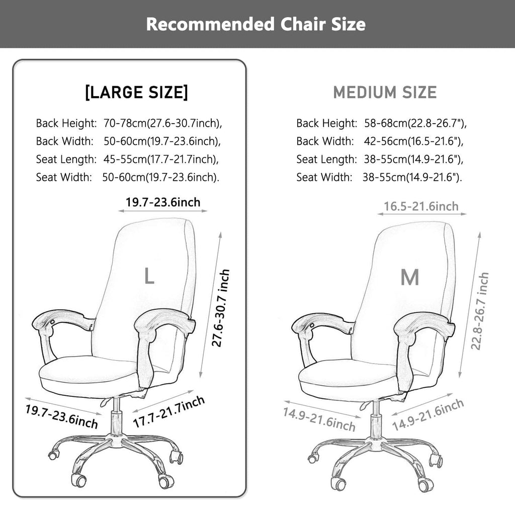 Large size chart for office chair cover, L fit dimensions for universal sizing
