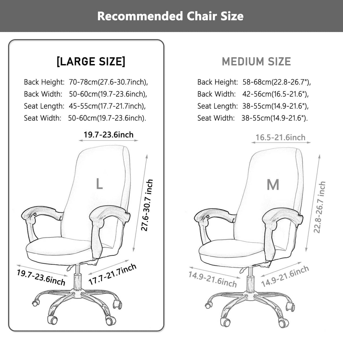 Large size chart for office chair cover, L fit dimensions for universal sizing