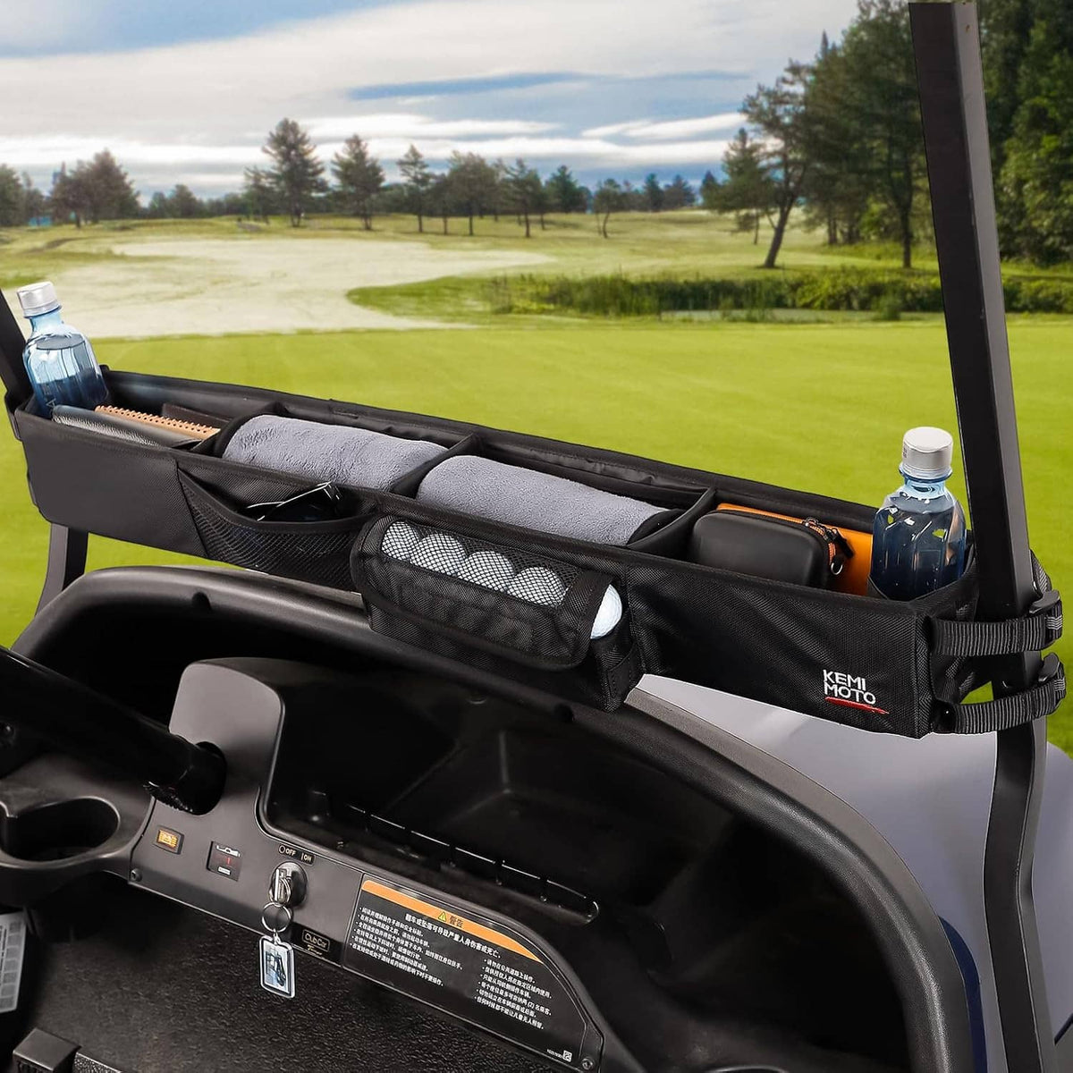 Black golf cart front storage basket with multiple compartments and mesh cup holder