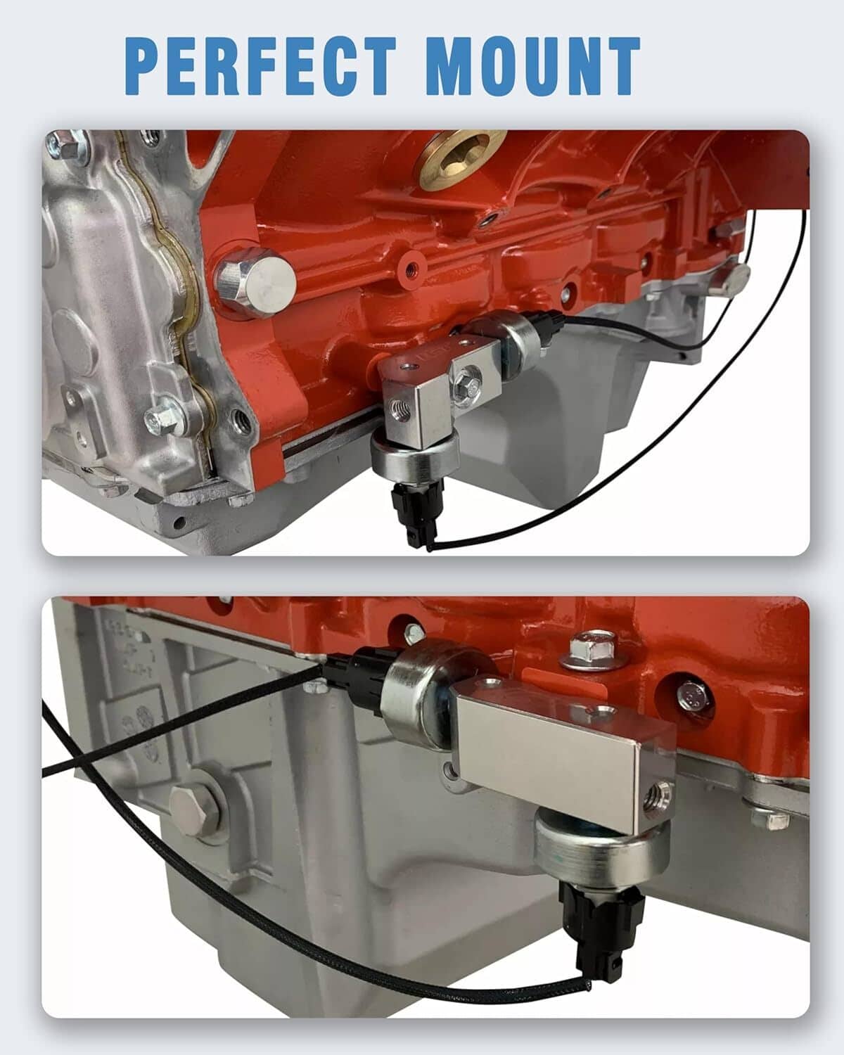 Installed knock sensor relocation bracket holding sensor lead on an engine
