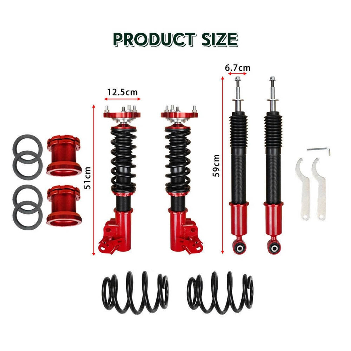 Measured coilover suspension kit components: red struts, black springs, top and spacer hardware