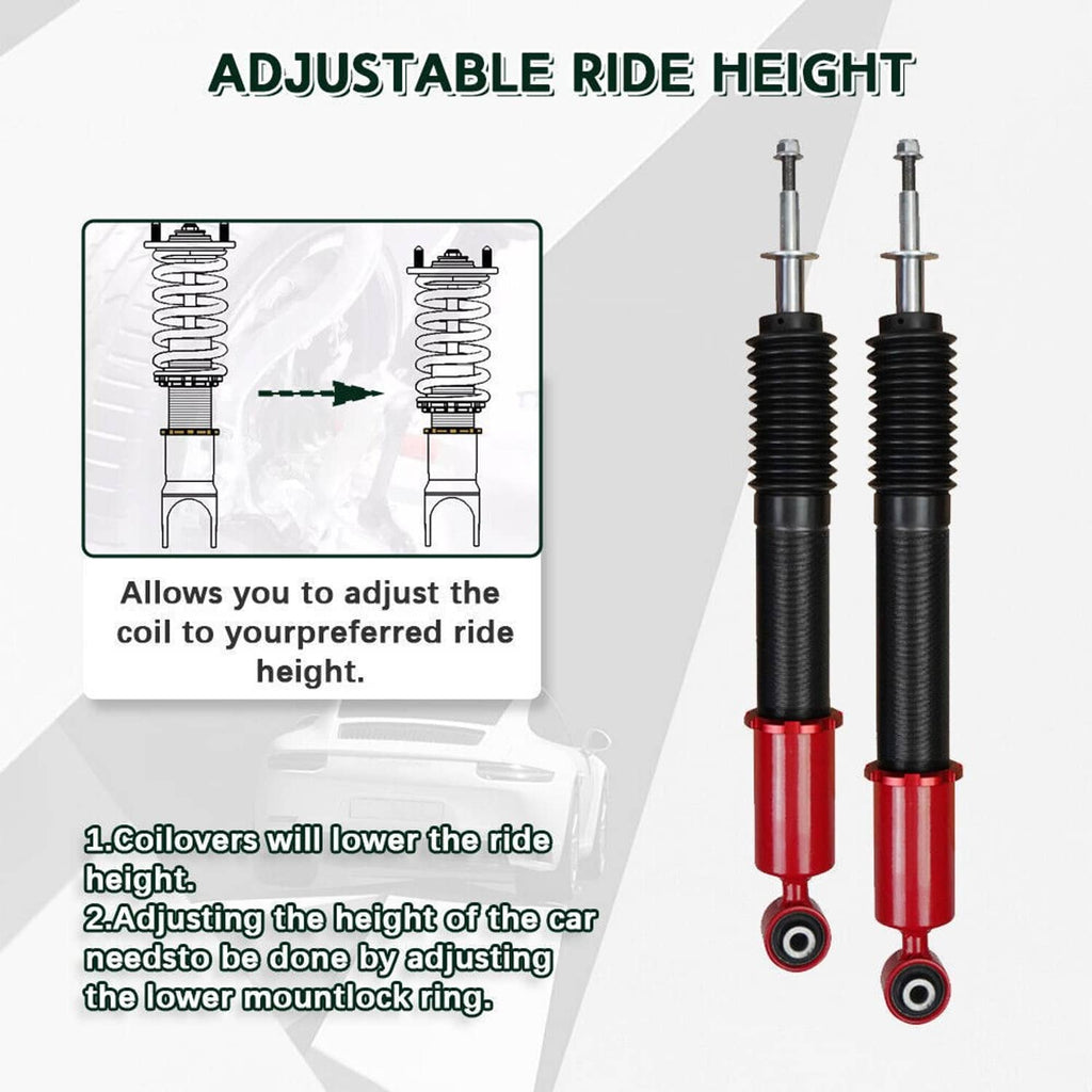 Pair of adjustable coilover shock struts with black springs and red lower mounts