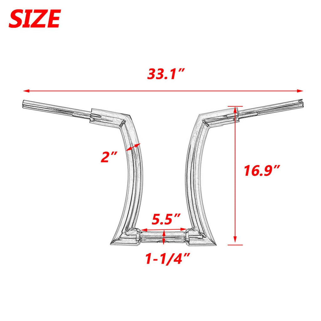 Ape handlebars dimension diagram with labeled height and width measurements