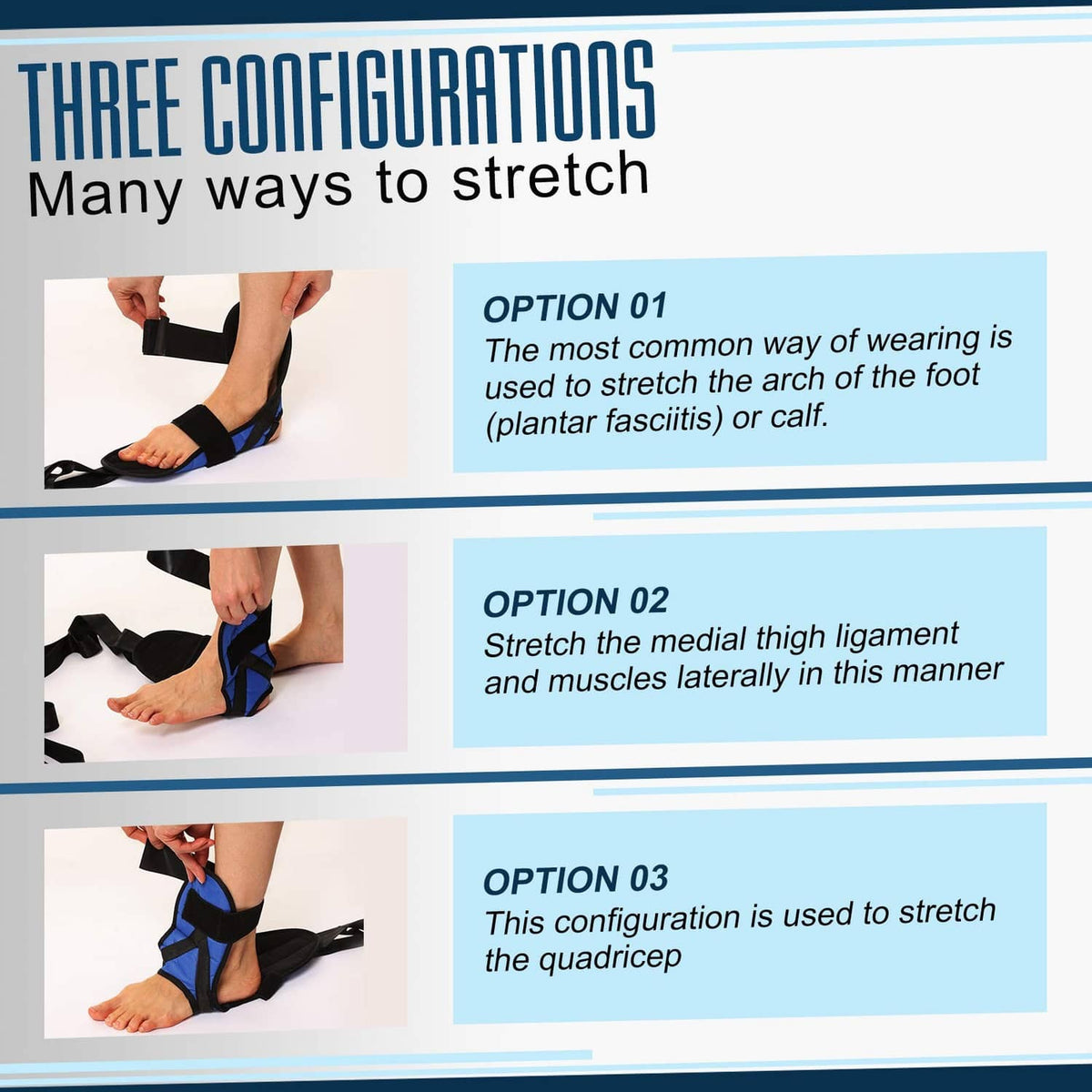 Foot stretcher strap showing multiple configuration loops for ankle and calf stretching