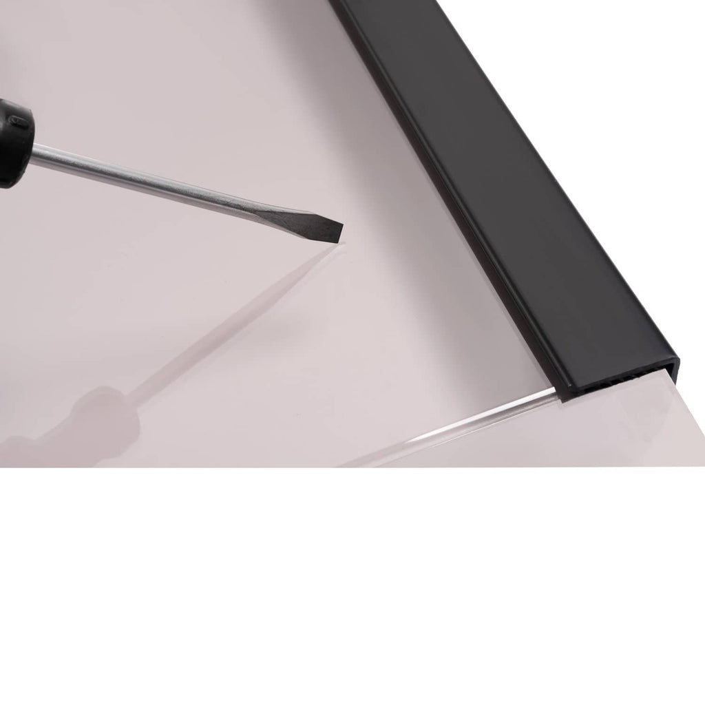 Tinted golf cart windshield panel with black frame and mounting hardware, corner view