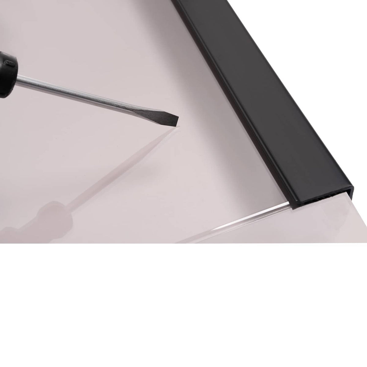Tinted golf cart windshield panel with black frame and mounting hardware, corner view