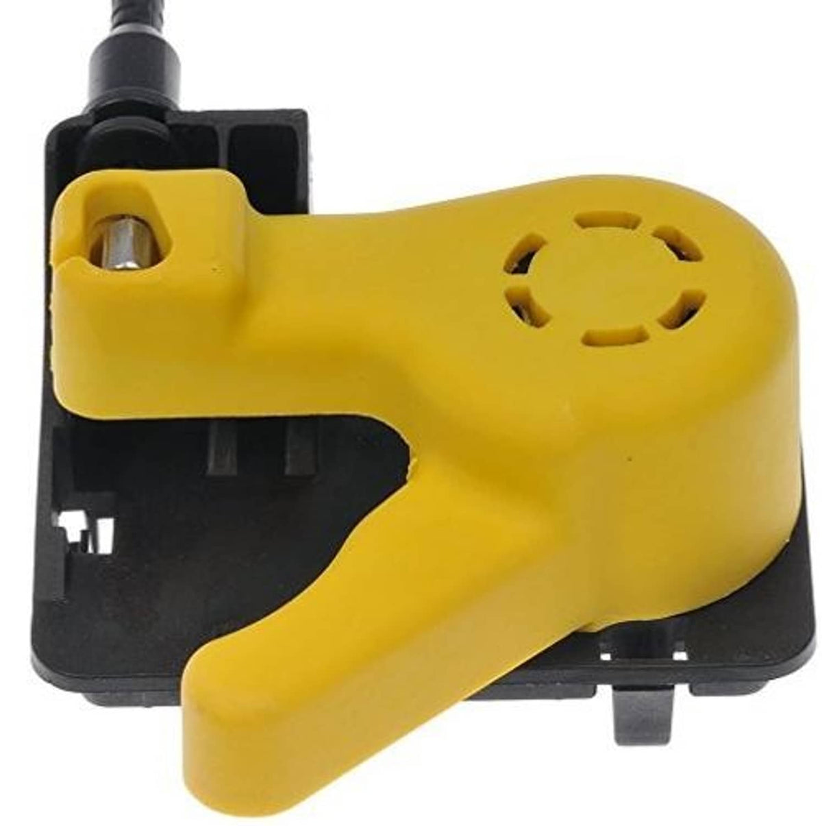 Yellow hood release cable latch module with black base and connector openings