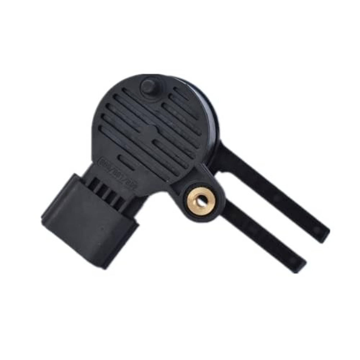 Brake pedal position sensor rear view, black housing with mounting plate and two prongs