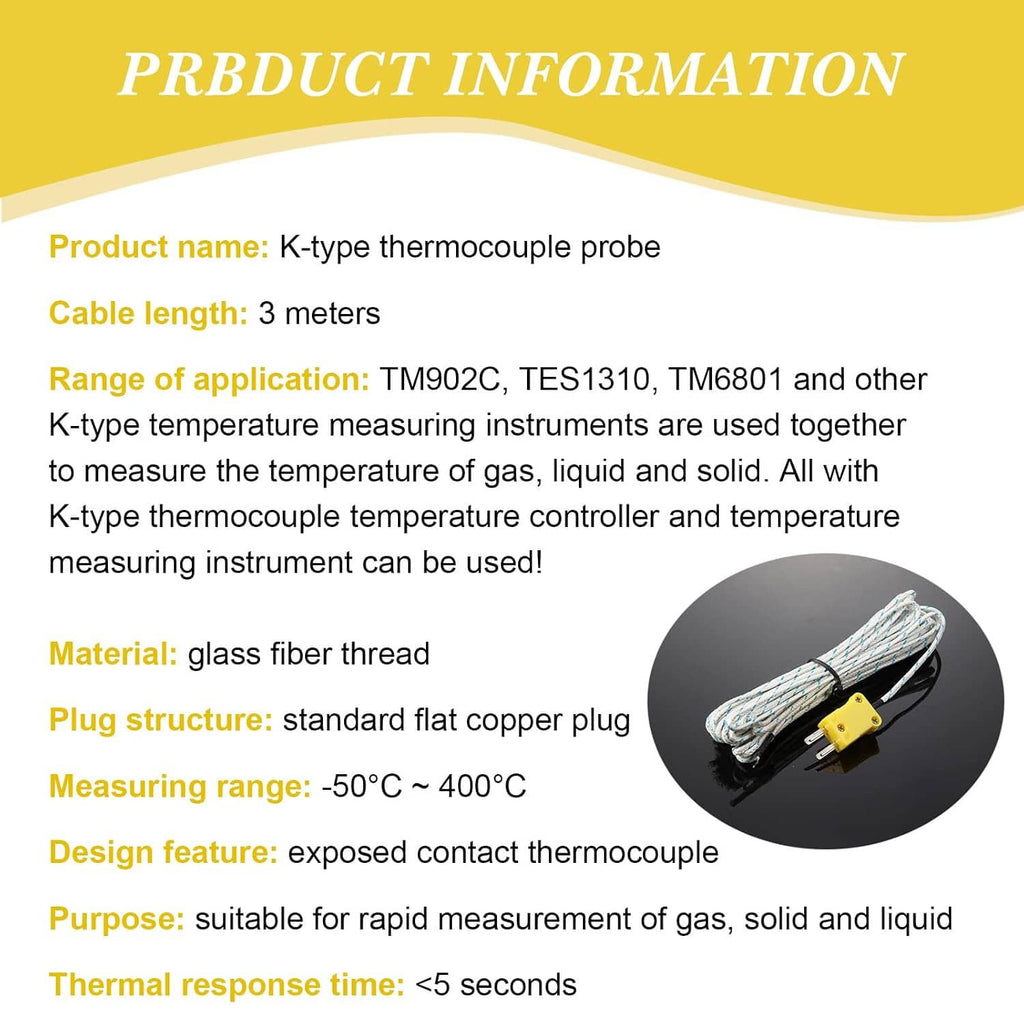K-type thermocouple probe with exposed contact sensor and glass-fiber cable