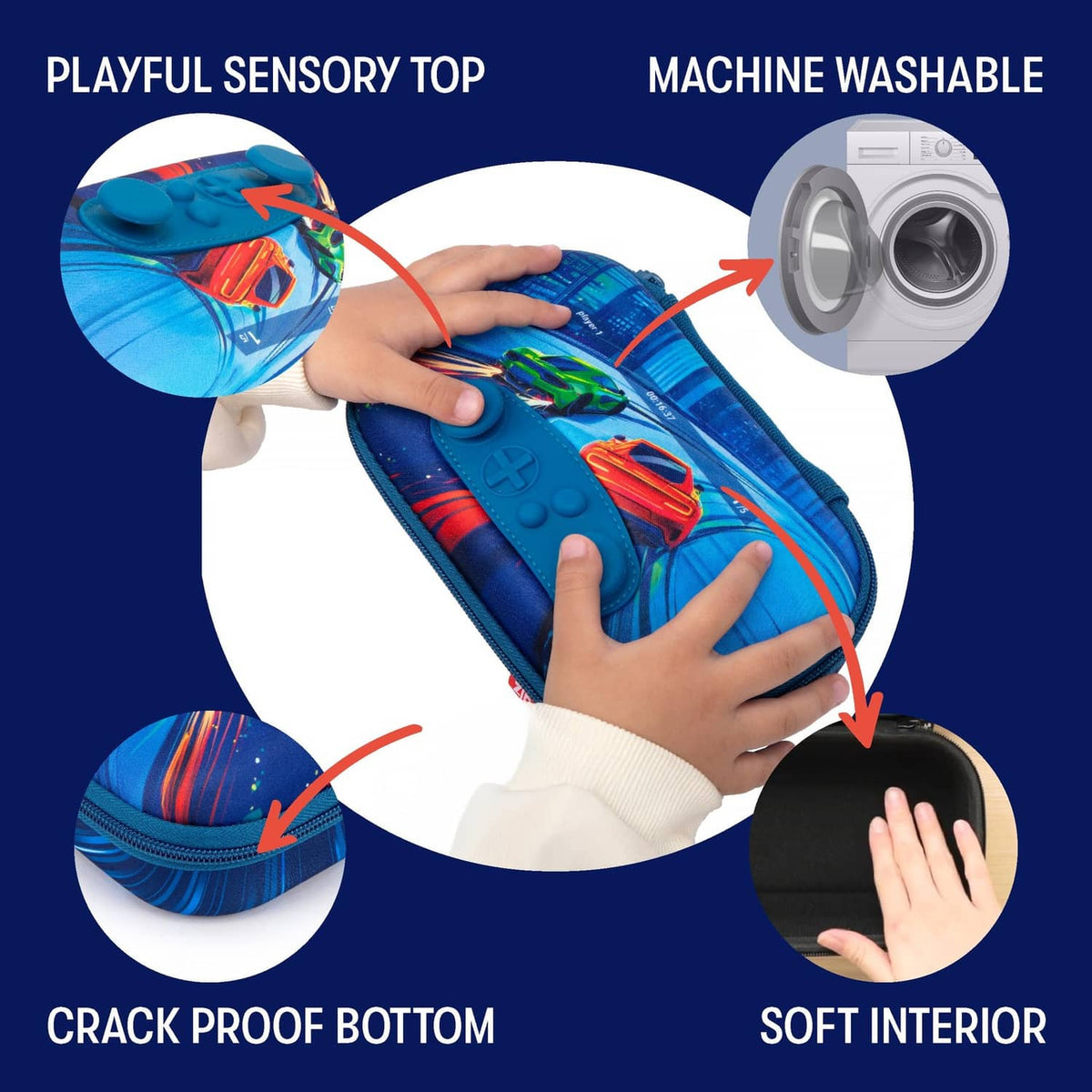 Blue pencil case with controller-style raised top and zipper opening, shown with hands.