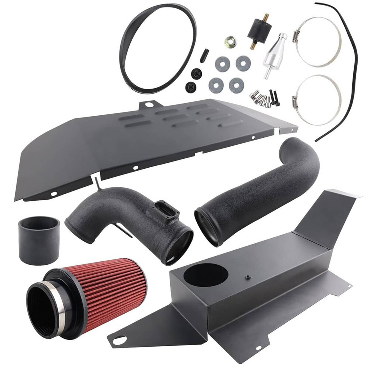 Cold air intake kit components: black intake tubes, hoses, red filter, and hardware