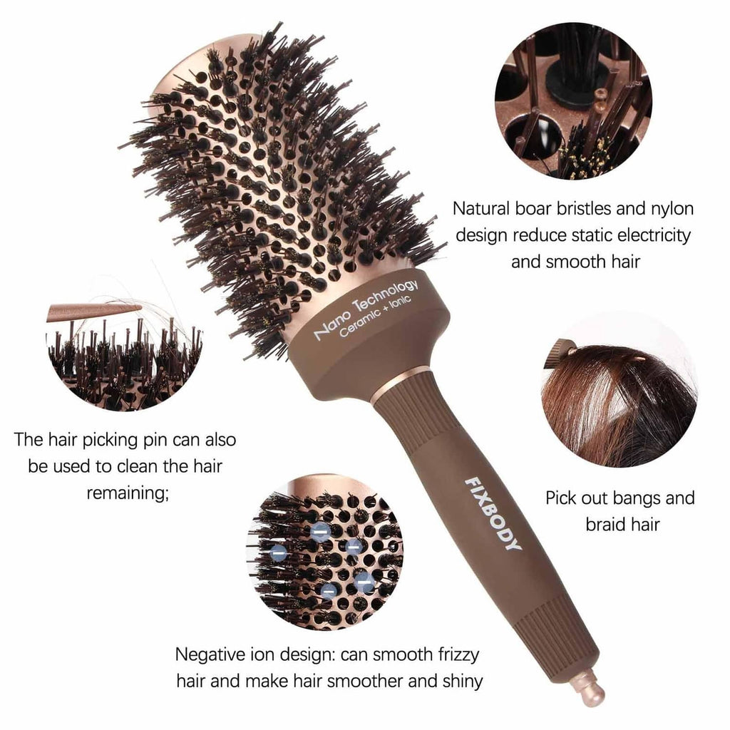 Round hair brush with dark boar bristles, brown handle, and attachment/cleaning notes