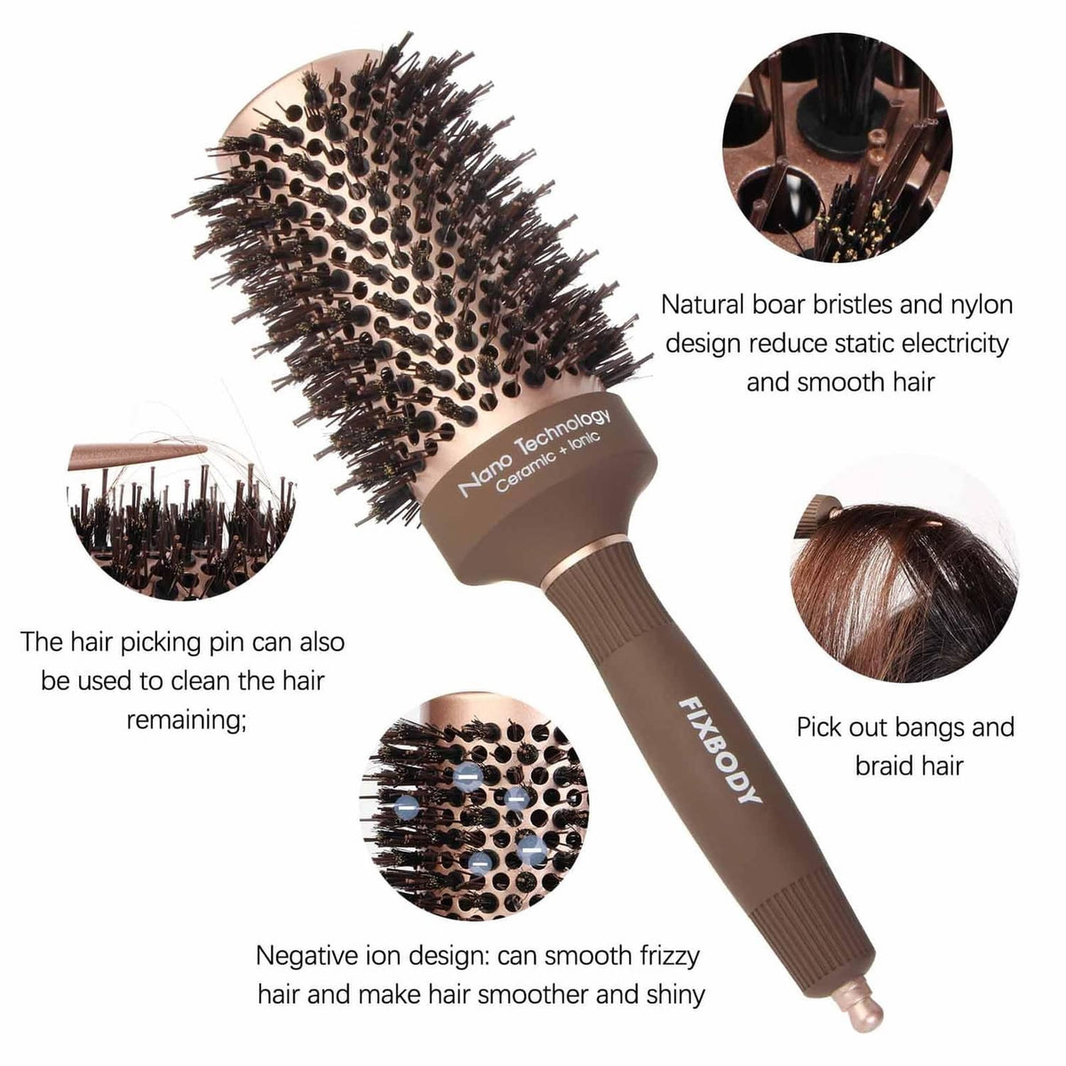 Round hair brush with dark boar bristles, brown handle, and attachment/cleaning notes