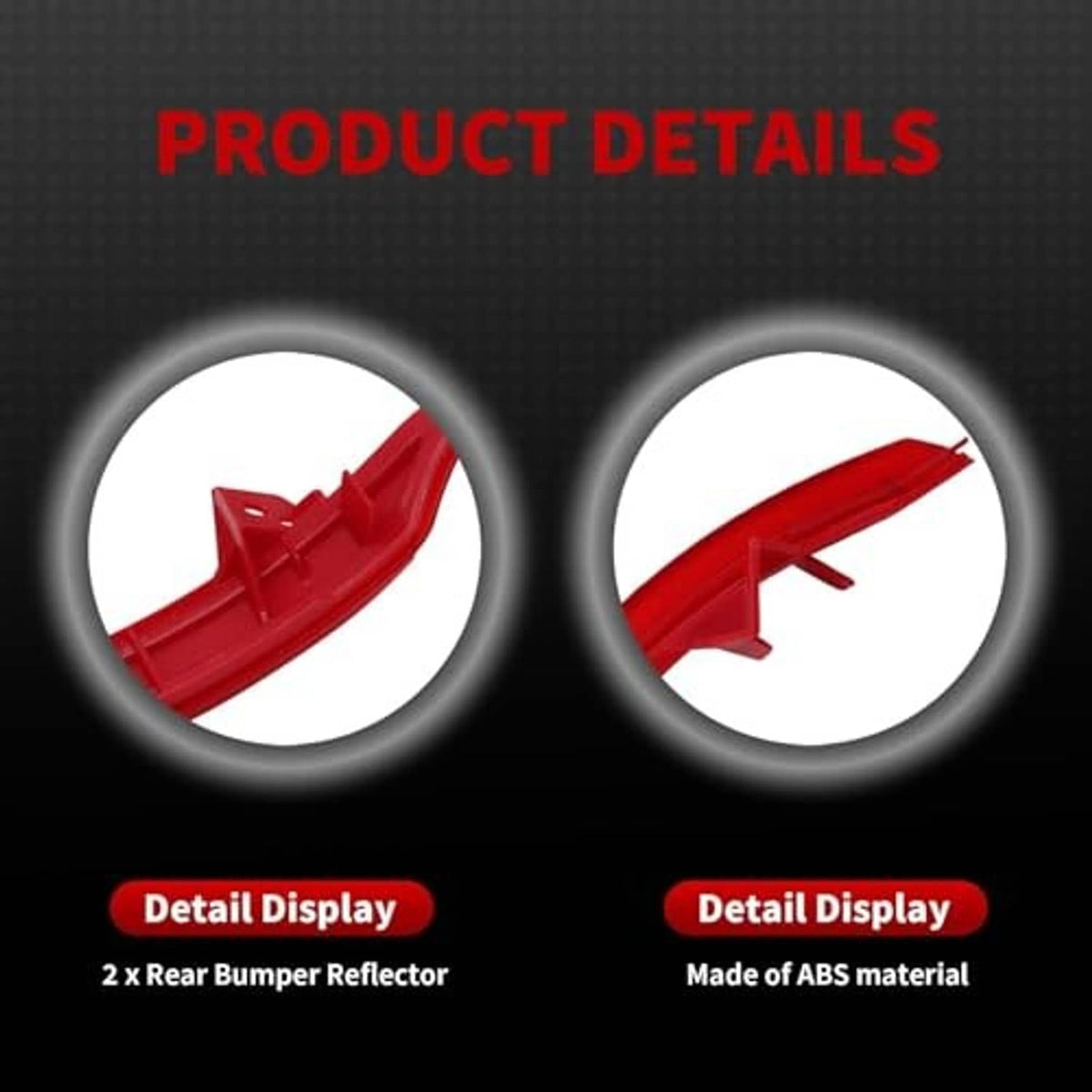 Red rear bumper reflector detail housings with snap-fit clip sections