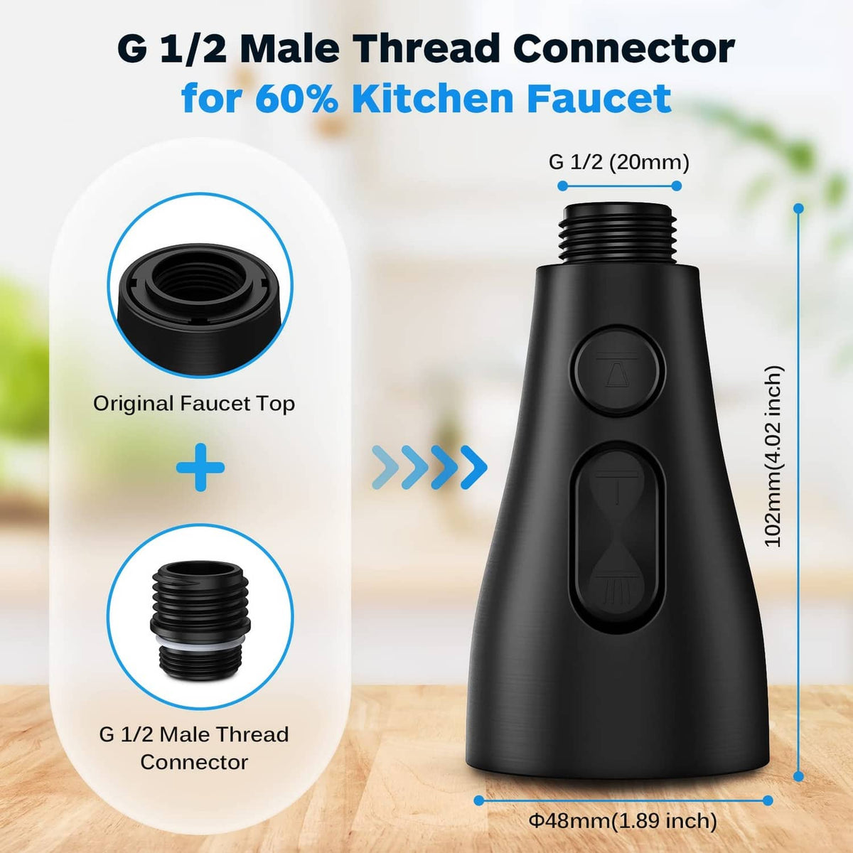 Black G1/2 male threaded connector faucet head replacement with adapter coupling