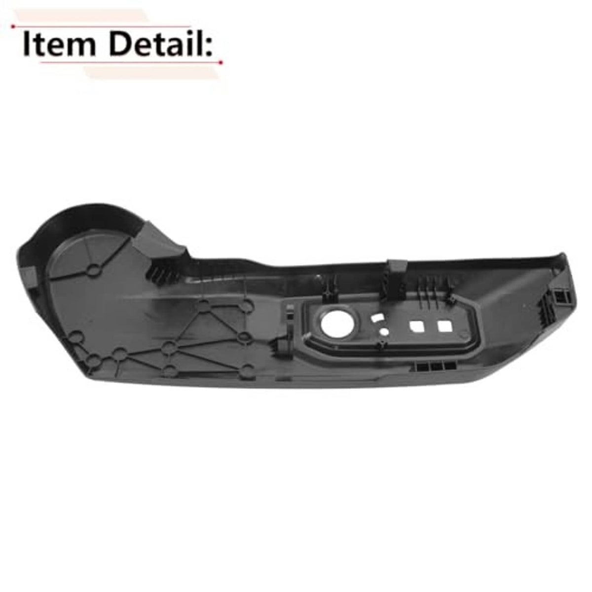 Driver side seat panel trim cover back view, dark molded plastic with round mounting opening