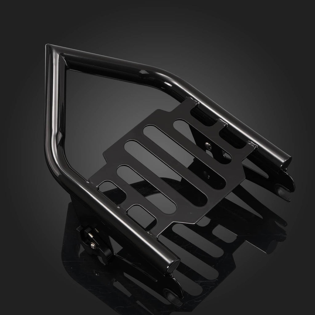 Black metal luggage rack frame with slotted platform and side mounting tabs