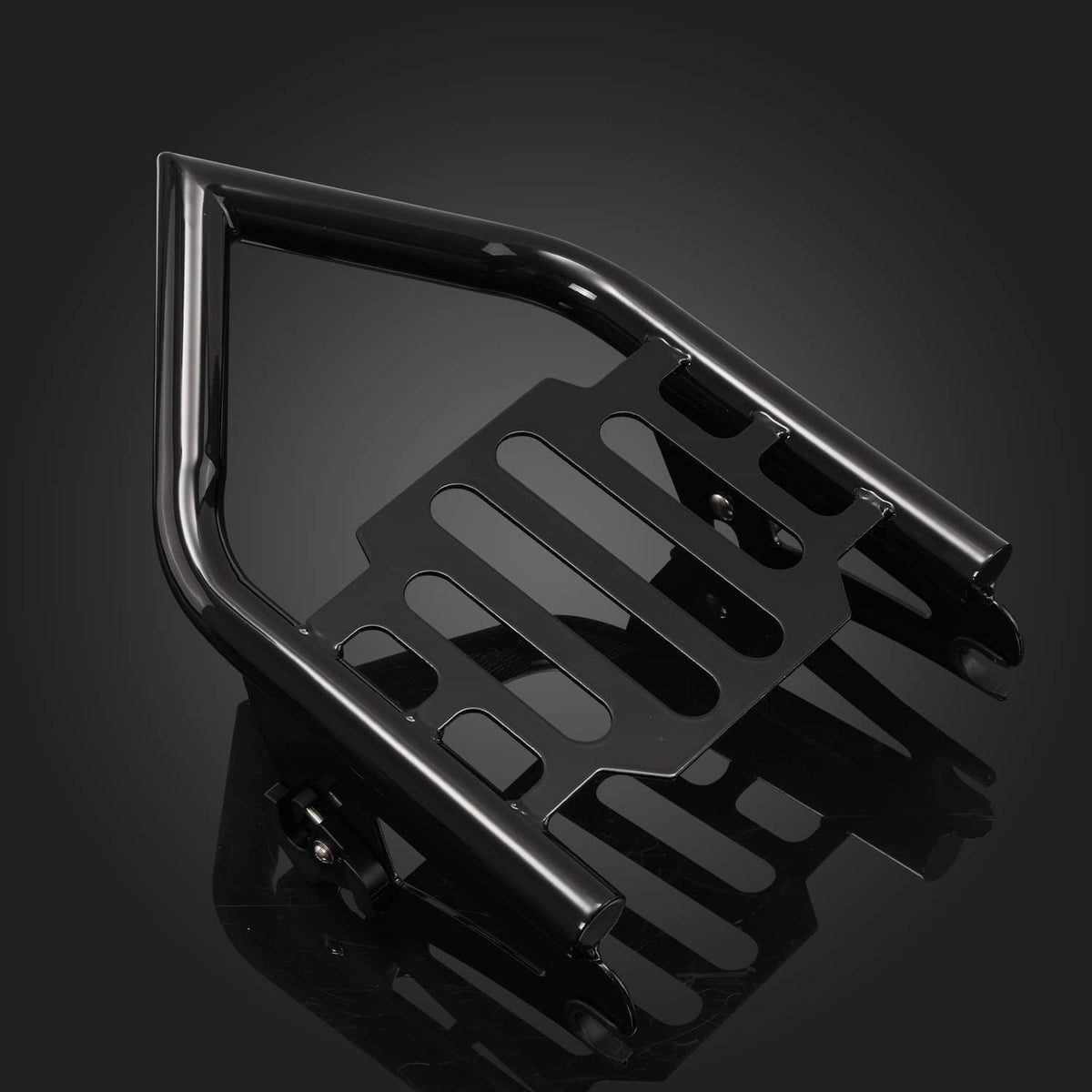 Black metal luggage rack frame with slotted platform and side mounting tabs