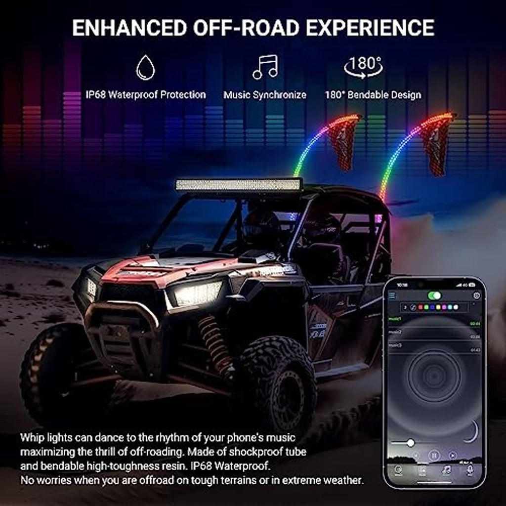 RGB LED whip lights on an off-road UTV, with smartphone remote controller